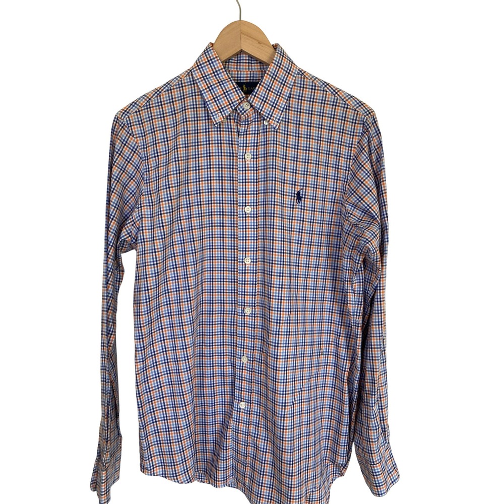 Ralph Lauren Mens Blue Orange Plaid Button Down Shirt Long Sleeve Cotton Small
